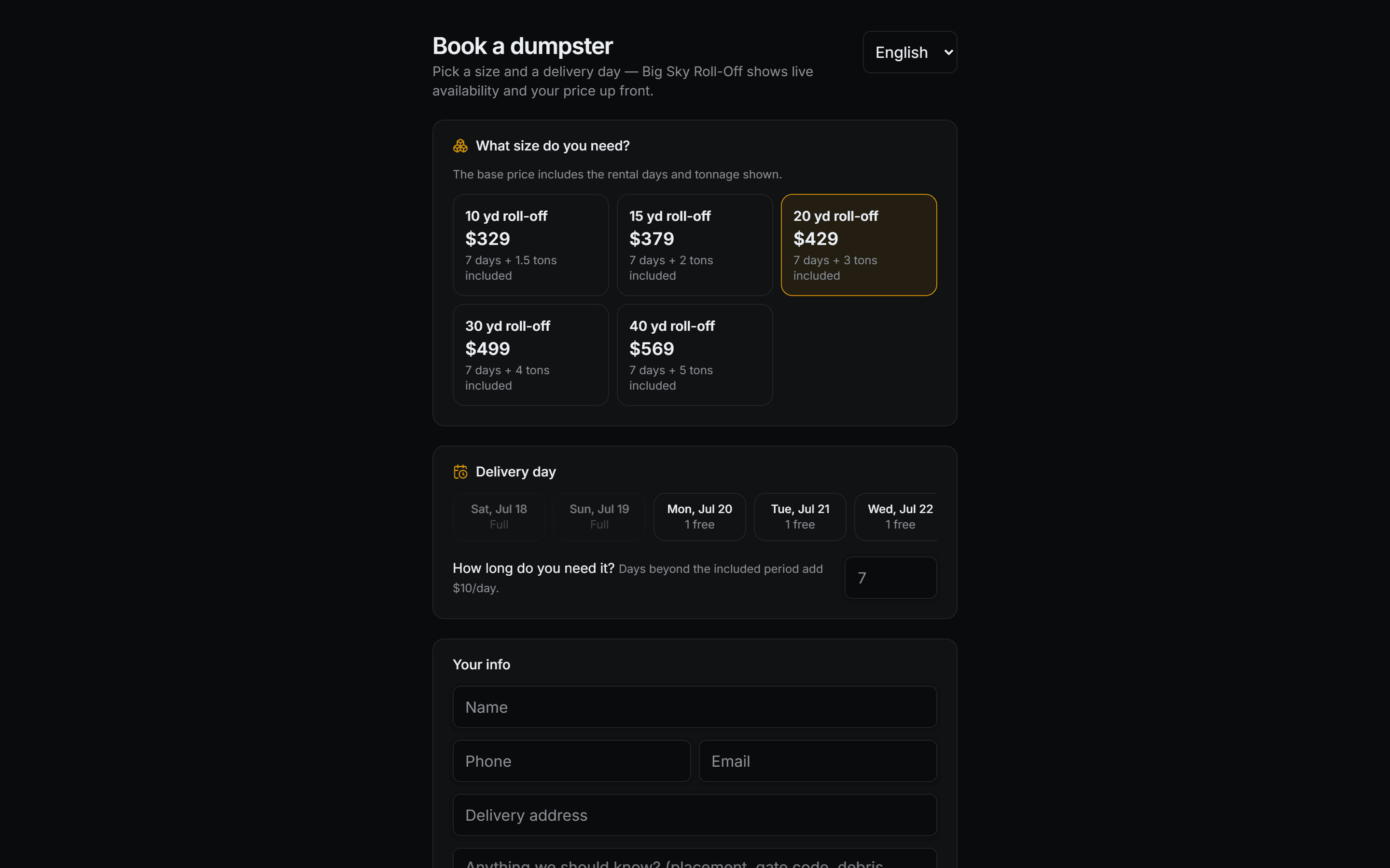 The public booking page with a 20-yard can selected and live availability by day: weekend full, weekdays one can free